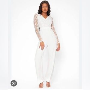 SHEIN Tall Floral Embroidered Mesh Bodice Tie Backless Jumpsuit